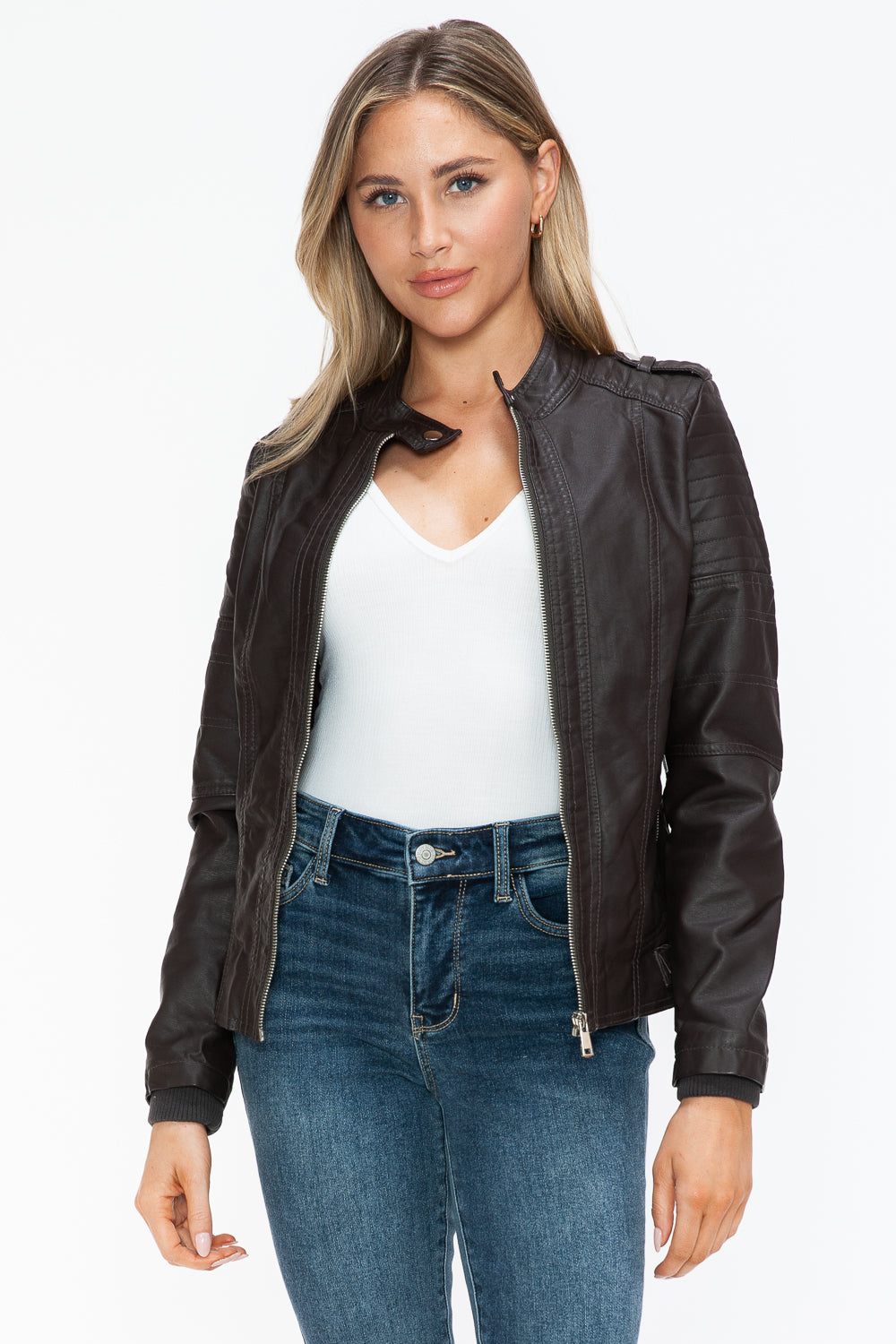 Faux Leather Biker Jacket with Side Zip Pockets