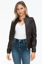 Load image into Gallery viewer, Faux Leather Biker Jacket with Side Zip Pockets
