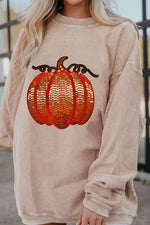 Load image into Gallery viewer, Sequin Pumpkin Round Neck Long Sleeve Sweatshirt
