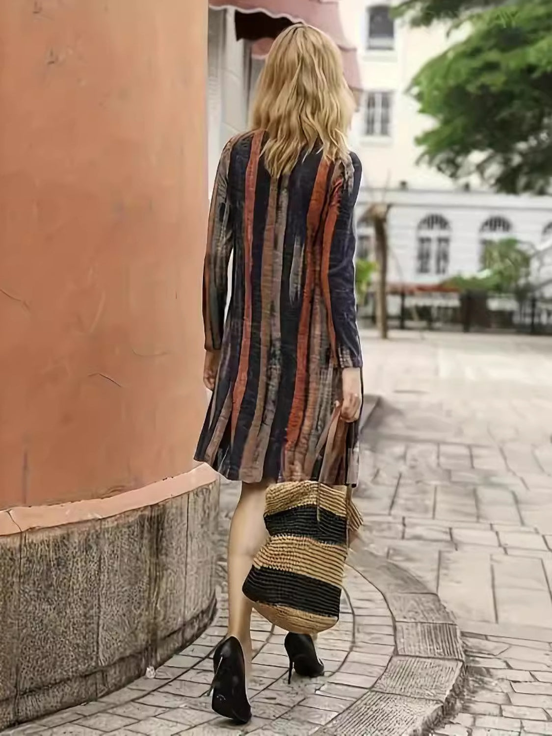 Contrast Stripes Long Sleeve Dress