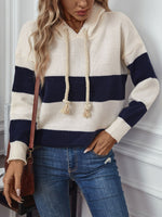 Load image into Gallery viewer, Drawstring Contrast Stripe Dropped Shoulder Hooded Sweater
