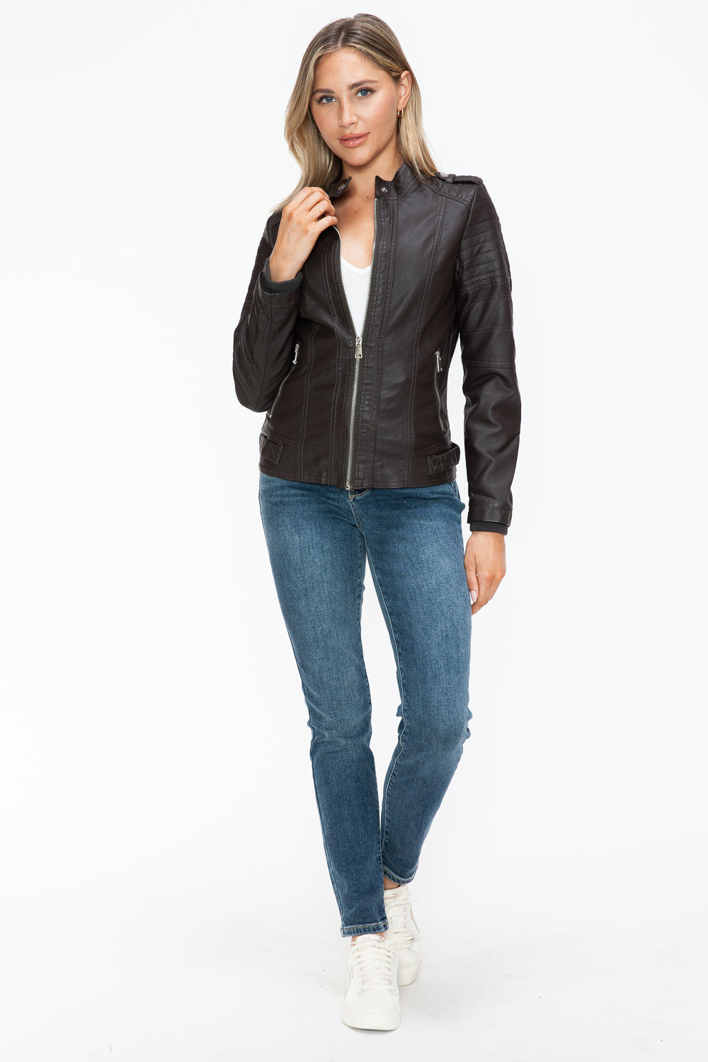 Faux Leather Biker Jacket with Side Zip Pockets