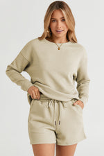 Load image into Gallery viewer, Texture Long Sleeve Top and Drawstring Shorts Set
