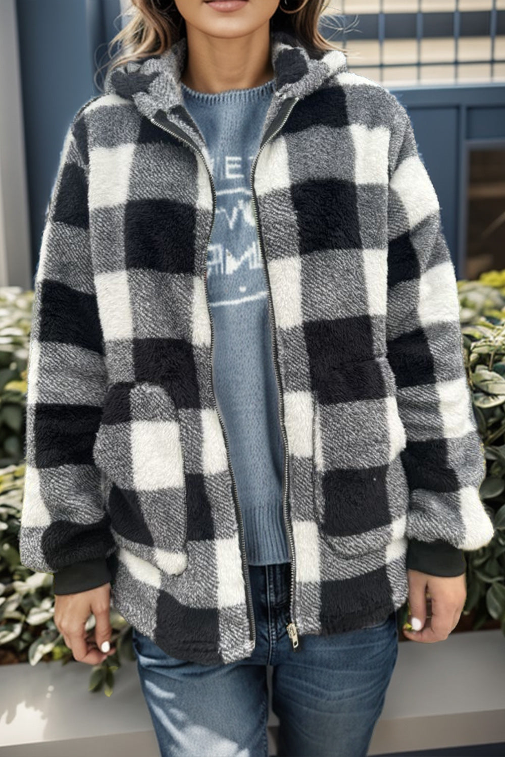 Double Take Plaid Long Sleeve Hooded Coat