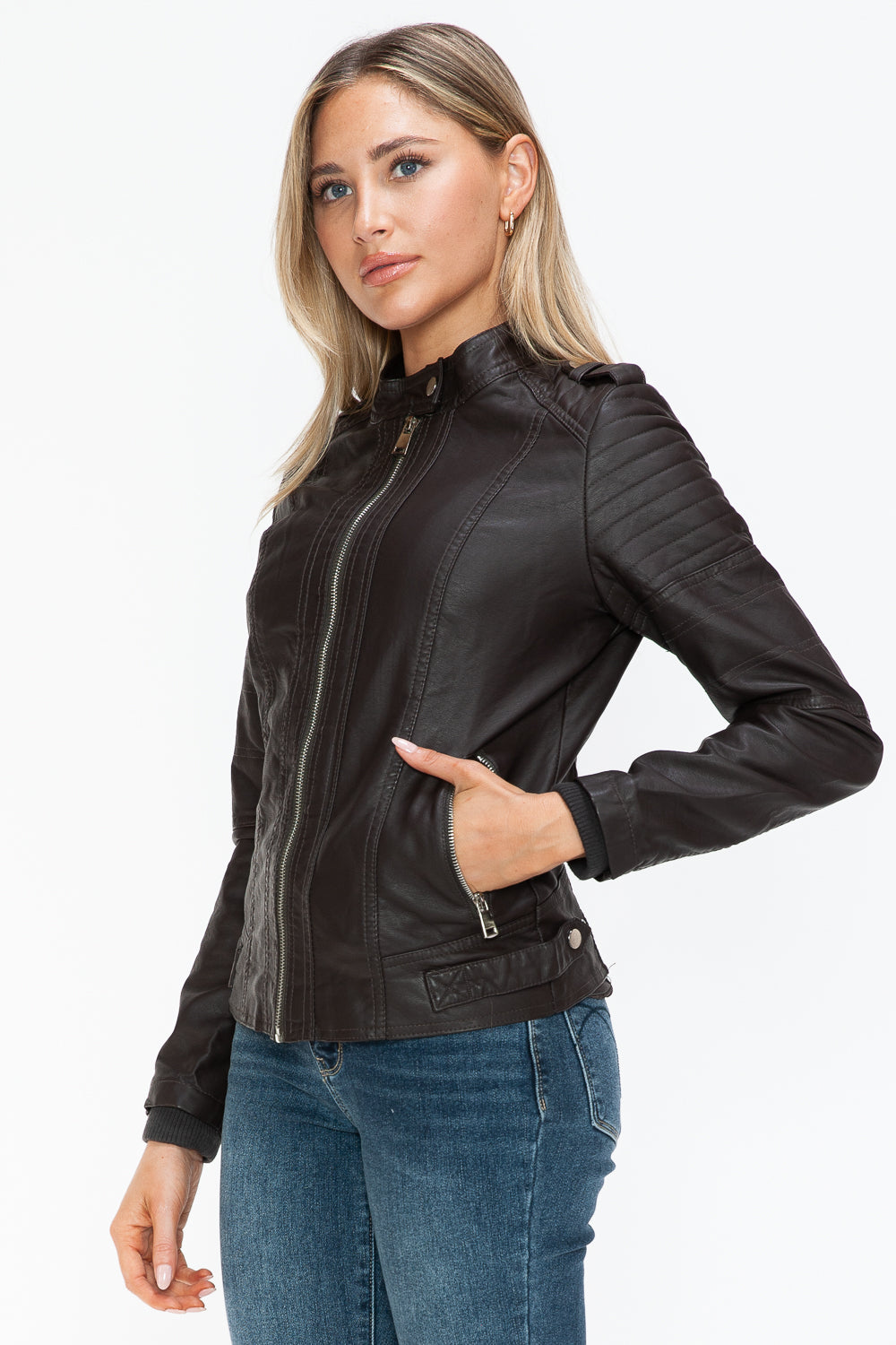 Faux Leather Biker Jacket with Side Zip Pockets