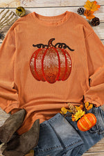 Load image into Gallery viewer, Sequin Pumpkin Round Neck Long Sleeve Sweatshirt
