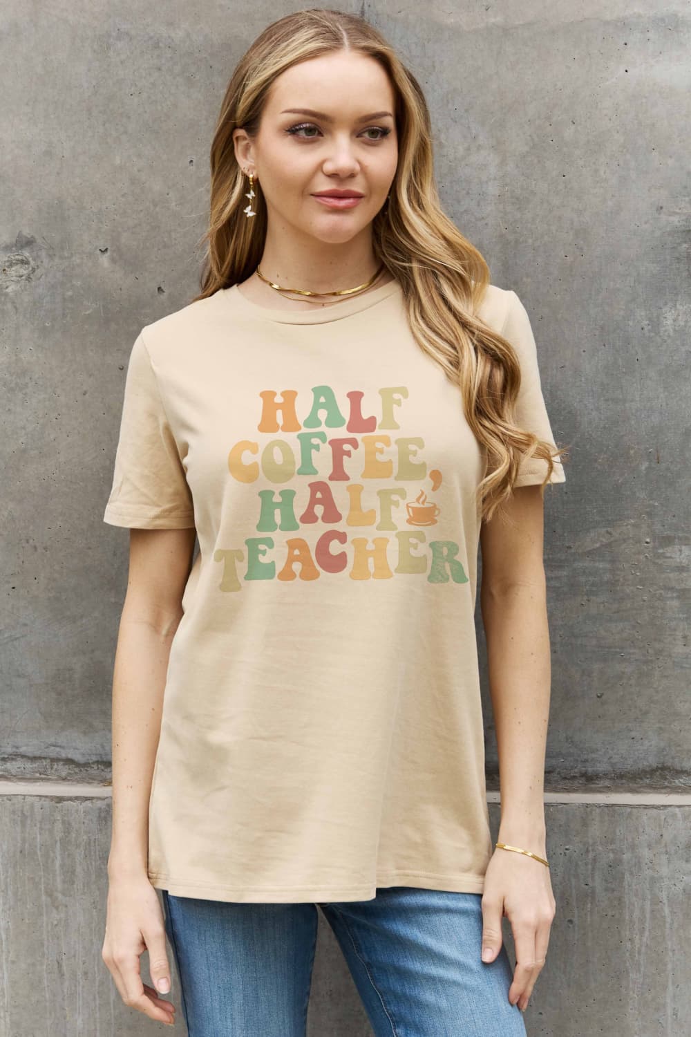 HALF COFFEE HALF TEACHER Graphic Cotton Tee