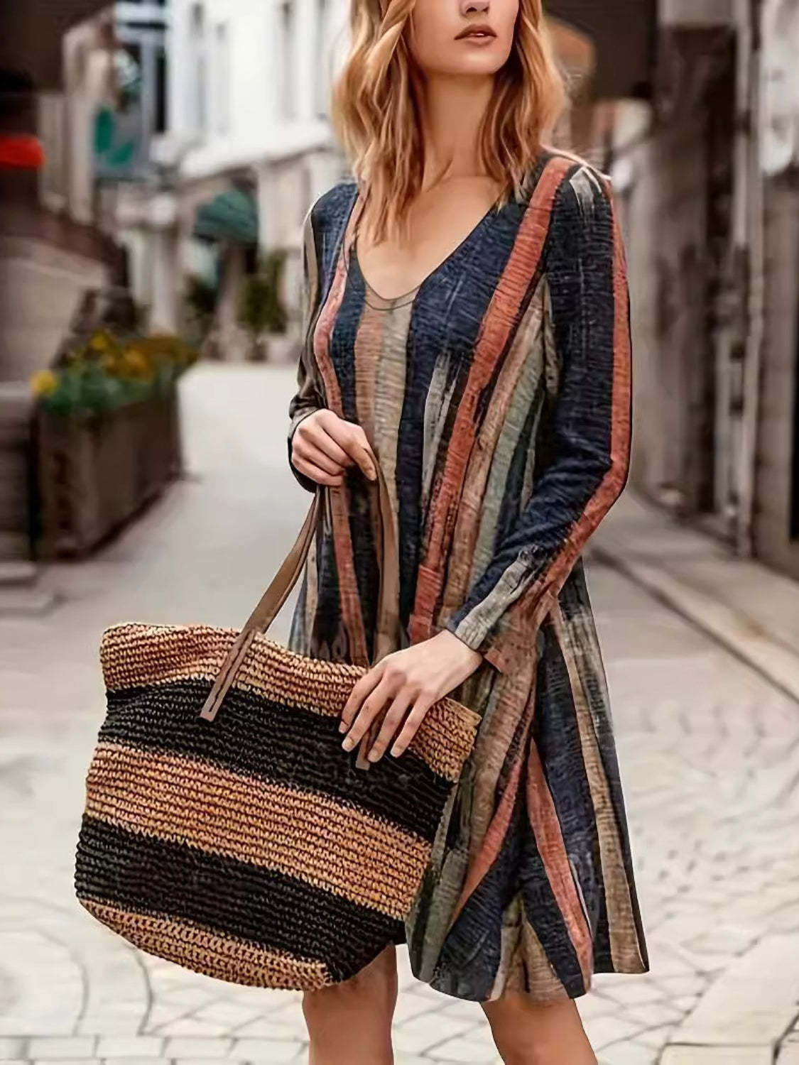 Contrast Stripes Long Sleeve Dress