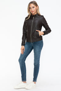 Faux Leather Biker Jacket with Side Zip Pockets