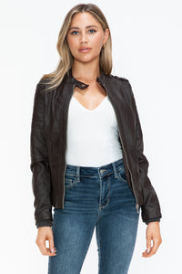 Faux Leather Biker Jacket with Side Zip Pockets