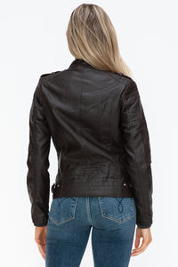 Faux Leather Biker Jacket with Side Zip Pockets