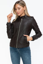 Load image into Gallery viewer, Faux Leather Biker Jacket with Side Zip Pockets
