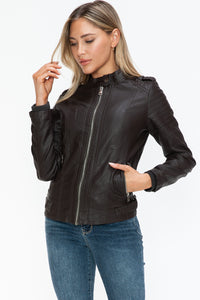 Faux Leather Biker Jacket with Side Zip Pockets