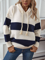 Load image into Gallery viewer, Drawstring Contrast Stripe Dropped Shoulder Hooded Sweater
