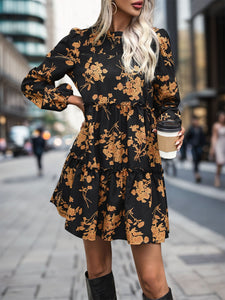 Frill Printed Long Sleeve Mini Dress