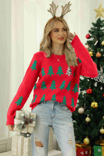 Load image into Gallery viewer, Christmas Tree Round Neck Ribbed Trim Sweater
