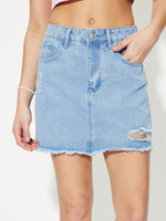 Load image into Gallery viewer, Distressed Raw Hem Mini Denim Skirt
