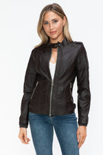 Load image into Gallery viewer, Faux Leather Biker Jacket with Side Zip Pockets
