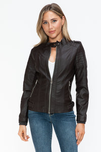 Faux Leather Biker Jacket with Side Zip Pockets