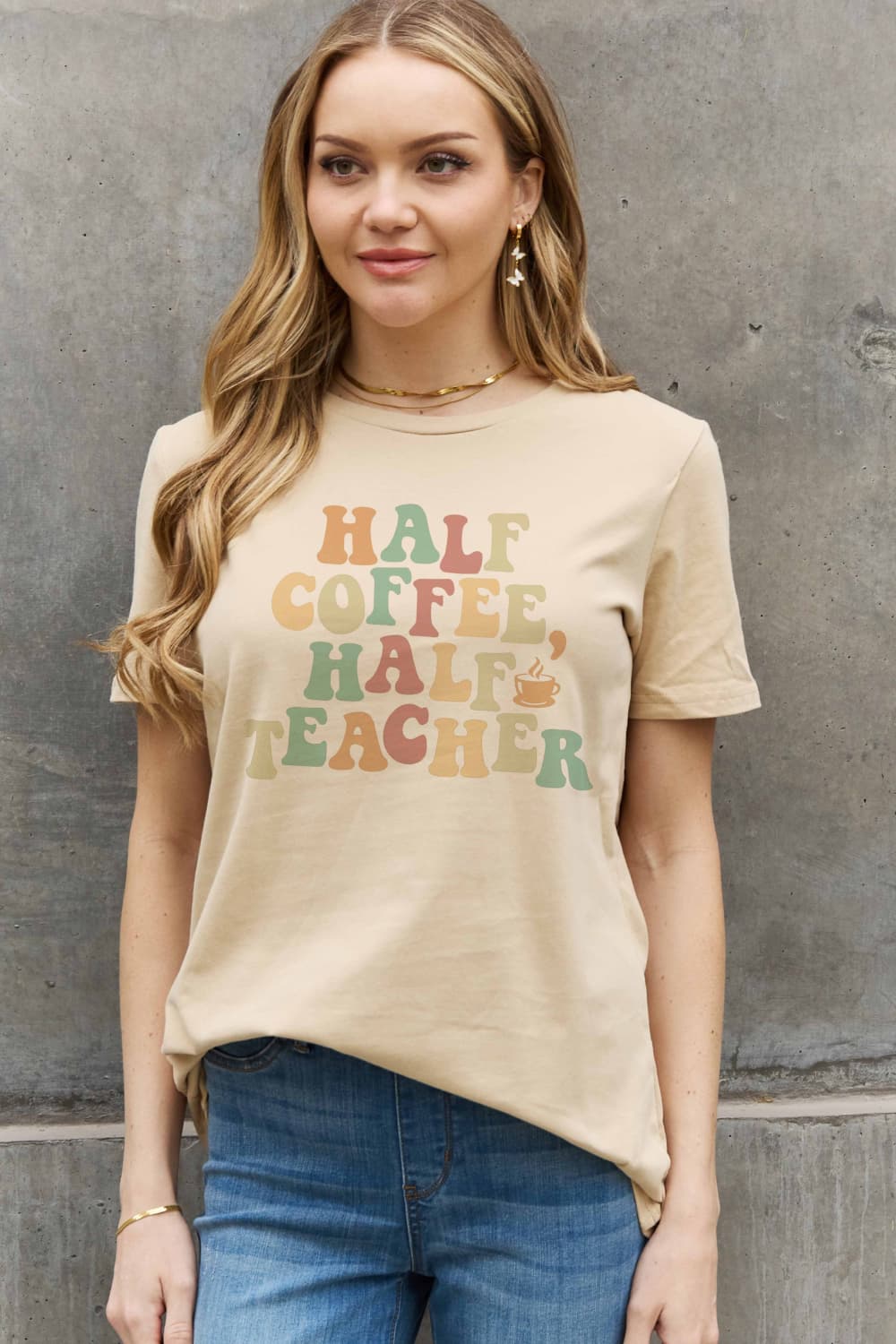 HALF COFFEE HALF TEACHER Graphic Cotton Tee