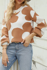 Load image into Gallery viewer, Flower Round Neck Dropped Shoulder Sweater
