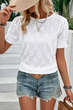 Load image into Gallery viewer, Eyelet Round Neck Short Sleeve Blouse
