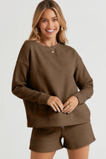 Load image into Gallery viewer, Texture Long Sleeve Top and Drawstring Shorts Set
