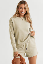 Load image into Gallery viewer, Texture Long Sleeve Top and Drawstring Shorts Set
