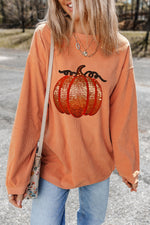 Load image into Gallery viewer, Sequin Pumpkin Round Neck Long Sleeve Sweatshirt
