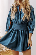 Load image into Gallery viewer, Smocked Half Button Three-Quarter Sleeve Mini Dress
