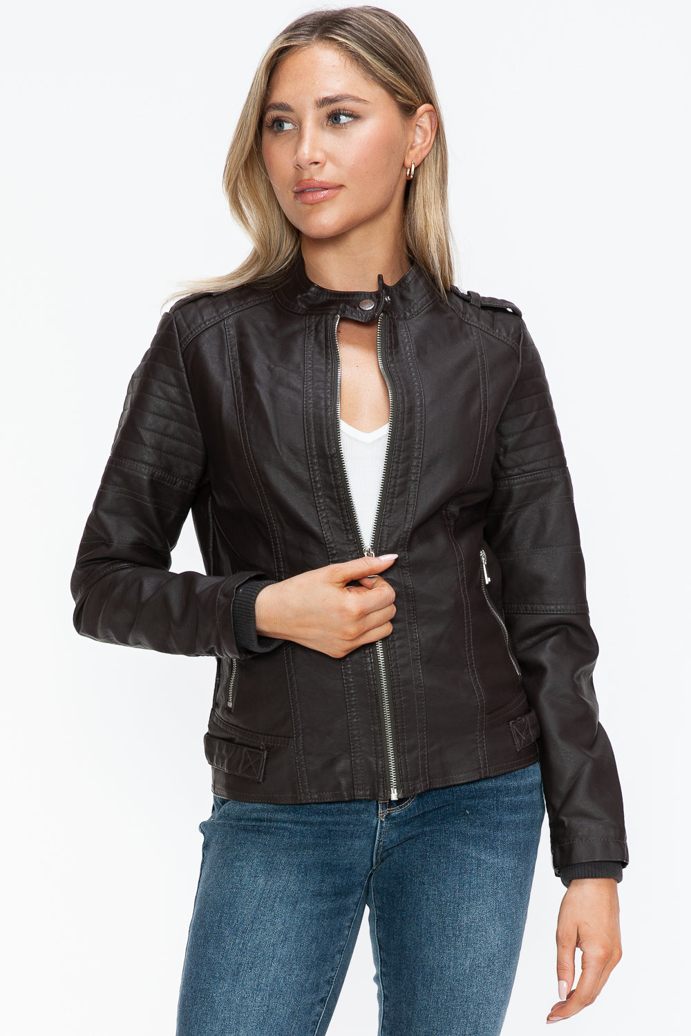 Faux Leather Biker Jacket with Side Zip Pockets