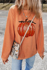 Load image into Gallery viewer, Sequin Pumpkin Round Neck Long Sleeve Sweatshirt
