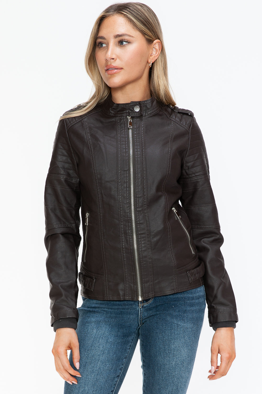 Faux Leather Biker Jacket with Side Zip Pockets