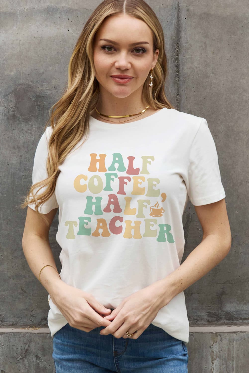 HALF COFFEE HALF TEACHER Graphic Cotton Tee