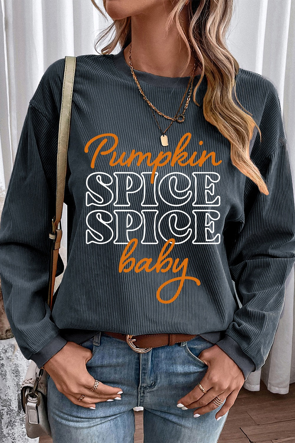 Letter Graphic Round Neck Long Sleeve Sweatshirt