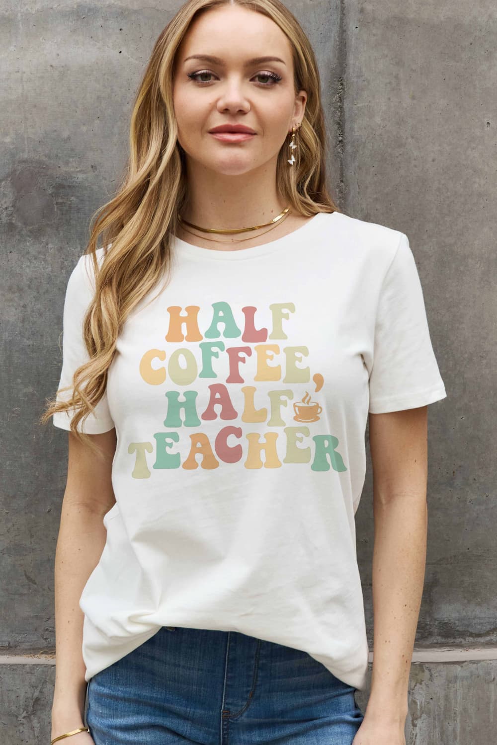 HALF COFFEE HALF TEACHER Graphic Cotton Tee