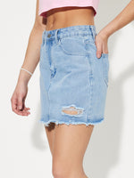 Load image into Gallery viewer, Distressed Raw Hem Mini Denim Skirt
