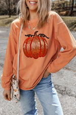 Load image into Gallery viewer, Sequin Pumpkin Round Neck Long Sleeve Sweatshirt
