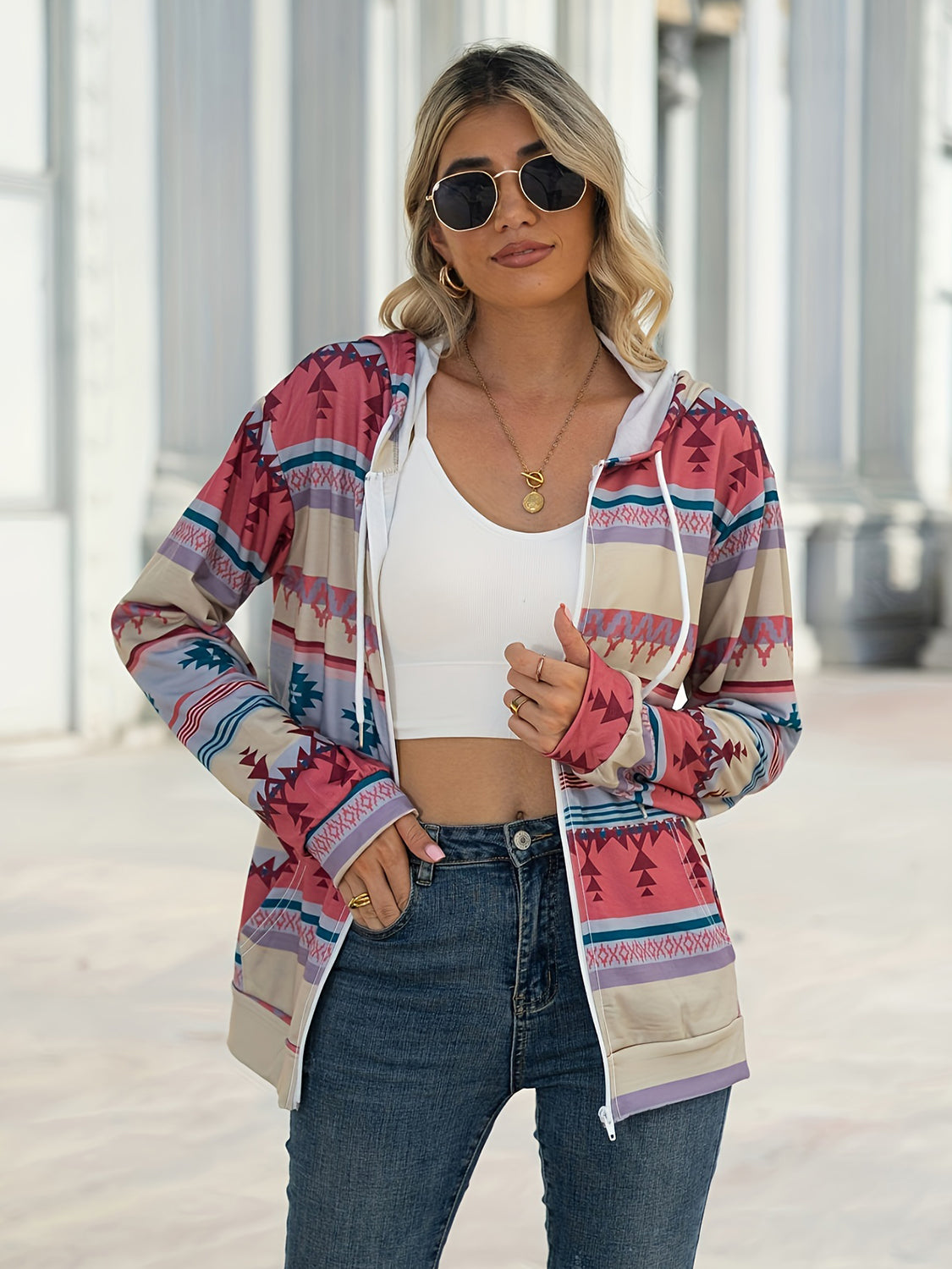 Aztec Zip Up Hooded Jacket